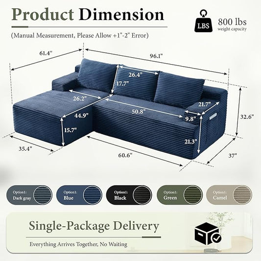 96''Sectional Couches for Living Room,Modern Modular Sectional Sofa,Upholstered Boneless Couch with Pockets,Comfy Cloud Couch with L Shaped Chaise (Blue, 96''W Left Facing Chaise)