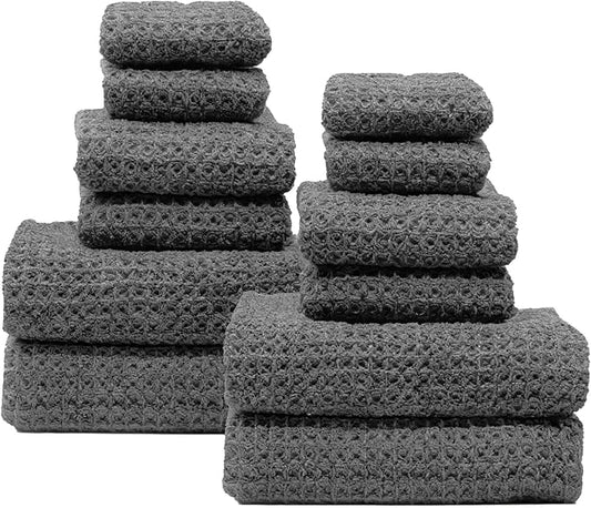 Italic Waffle 12-Piece Family Towel Set – 4 Bath Towels, 4 Hand Towels & 4 Washcloths – Soft, Lightweight, Quick Dry 100% Cotton Waffle Weave for Bathroom & Spa (Charcoal)