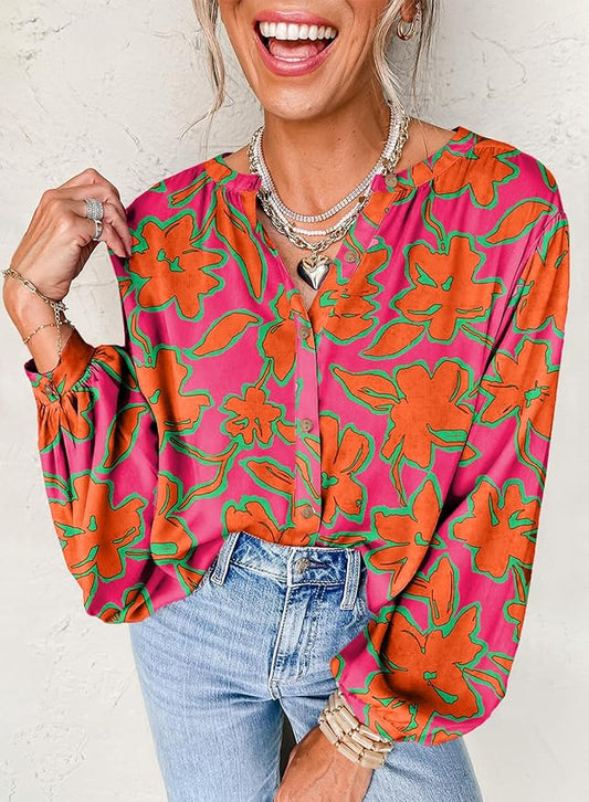 Astylish Womens 2026 Boho Floral Loose Spring Summer Tops Lantern Sleeve Flowy Blouses V Neck Button Down Shirts