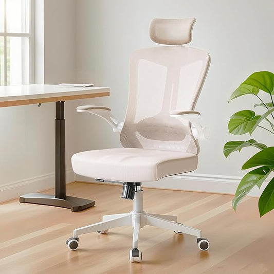 Ergonomic Office Chair - 400LB Comfy Desk Chairs with Adjustable Headrest and Lumbar Back Support, Mesh Computer Chairs with Wheels and Arms for Home Office, Study (669khaki-With Headrest)