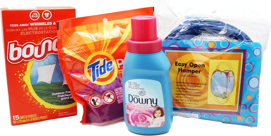 Dorm Room Laundry Kit with Laundry Detergent Pods, Softener, Dryer Sheets & Bonus Hamper
