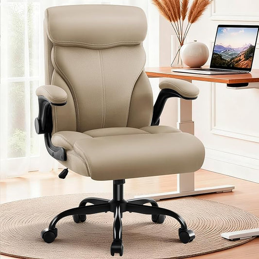 Office Chair - Executive High Back Breathable Comfy Desk Chair with Lumbar Support - Ergonomic Leather Rolling Swivel Computer Chair with Rock Function for Working Studying Gaming Relaxing