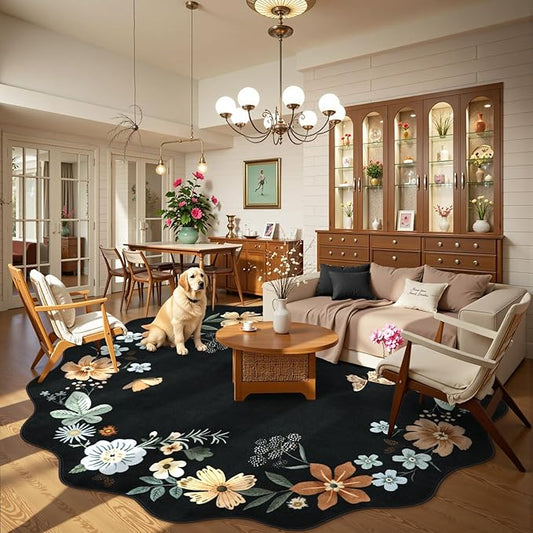 Lahome Floral Washable Round Area Rug, Soft Round Rugs 6ft Ultra-Thin Non-Slip, Boho Large Circle Carpet for Bedroom Living Room Kitchen Nursery, Black/Grey