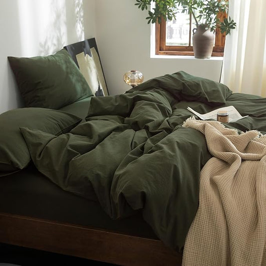 FOSSA Duvet Cover Set 100% Washed Cotton Linen Feel Super Soft Breathable Cozy 3 Pieces Bedding Sets Solid Olive Green Twin