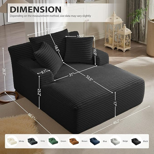 67 Inch Oversized Chaise Lounge Chair Indoor, Corduroy Upholstered Boneless Sofa Bed, Deep Seat Sleeper Couch Reading Chairs, Cloud Sofas Couches for Living Room, No Assembly Required (Black)