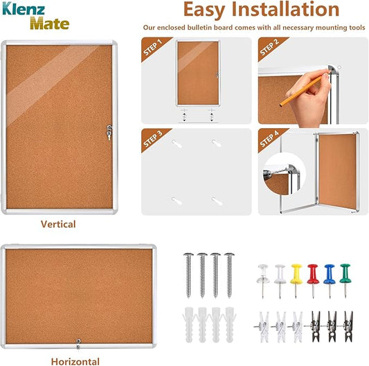 36"x24" Enclosed Cork Bulletin Board Tamper-Proof Dispaly Case,Brown Fabric&Aluminium Frame,Shatter Resistant Lockable Bulletin Board with Clear Acrylic Door for School,Office,Mall,Community,Hospital
