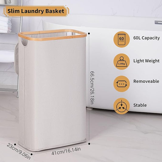 60L Slim Laundry Hamper, Narrow Laundry Basket with Lid,Foldable Clothes Hamper with Bamboo Handles,Hamper Basket with Removable Inner Bag for Laundry Room Bedroom College Dorm(Light Grey)