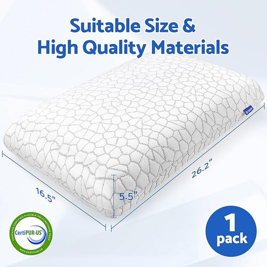 Memory Foam Pillows for Sleeping, Bed Pillow with Removable and Machine Washable Cover, Bed Pillow for Side, Neck Pillow, Back and Stomach Sleepers, Standard Size (1 Pack)