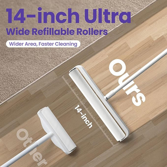 14.17" Extra Large Lint Rollers for Pet Hair, DELOMO Sticky Rollers for Floor with 3 Extendable Handle & 4 Refills (200 Sheets), Long Handle Sticky Mop for Cleaning Carpets, Couches, Furniture, Cars