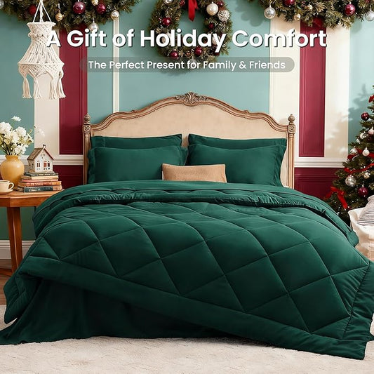 Love's cabin Full Comforter Set Dark Green, 7 Pieces Full Bed in a Bag, All Season Bedding Sets with 1 Comforter, 1 Flat Sheet, 1 Fitted Sheet, 2 Pillowcase and 2 Pillow Sham