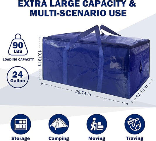 12 Pack Extra Heavy Duty Large Moving Bags with Strong Zipper & Carrying Handles, Sturdy Clothes Storage Bags Totes Bins, Packing Bag Move Boxes College Moving Supplies, Dark Blue - 24 gal