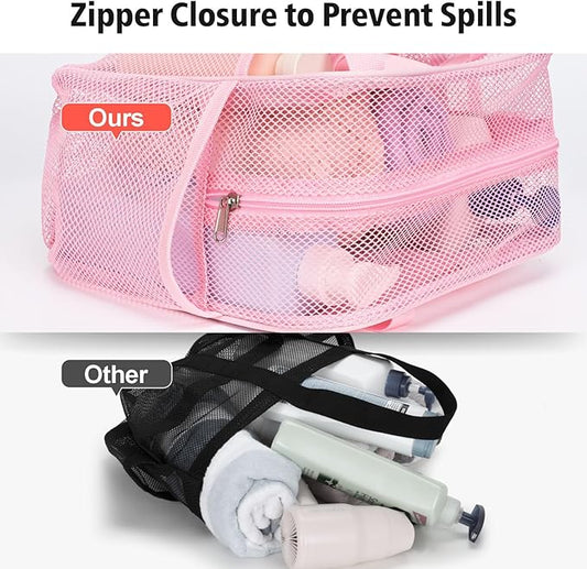 F-color Mesh Shower Caddy Portable with Zipper - Upgrade Deeper 7 Pockets Dorm Room Essentials for Guys Girls with S Hook, Shower Bag Basket Tote for College Camping Toiletry Bathroom, Pink