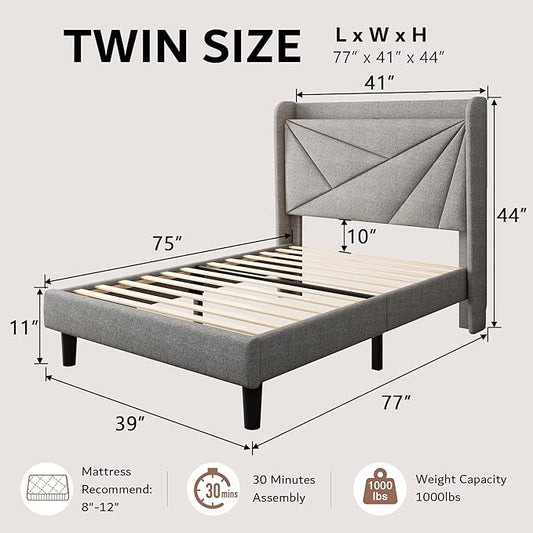 iPormis Twin Size Bed Frame with Charging Station, Linen Platform Bed Frame with Wingback Headboard Upholstered Bedframe, Solid Wood Slats Support, No Box Spring Needed, Easy Assembly, Light Grey