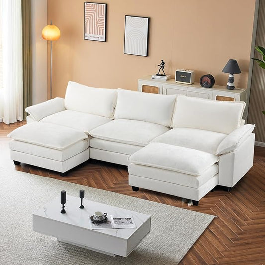 VINGLI 122" Cloud White/Cream Convertible Sectional Sofa, Comfy U-Shape Extra Deep Seat Sofa Couch for Living Room,Modern Chenille 3-Seat Convertible Sofa with 2 Movable Ottomans for Small Space