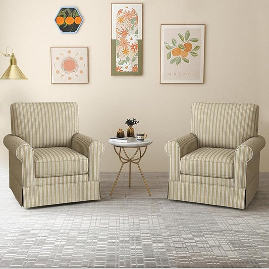 INZOY Swivel Accent Chair Linen Mid Century Modern Chair, Comfy Swivel Barrel Reading Chair, Upholstered Square Chair for Living Room Bedroom Small Spaces, Fully Assembled, Brown Stripe