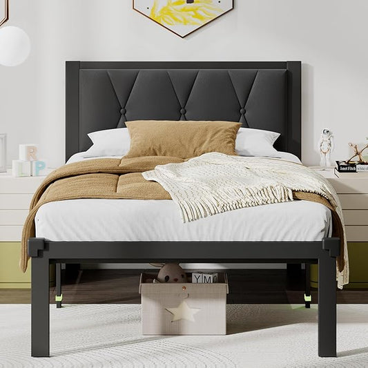 Twin Size Metal Bed Frame, Platform Bed with Faux Leather Button Tufted Headboard, 12" Underbed Storage, Steel Slats Support, No Box Spring Needed, Easy Assembly, Noise-Free, Black