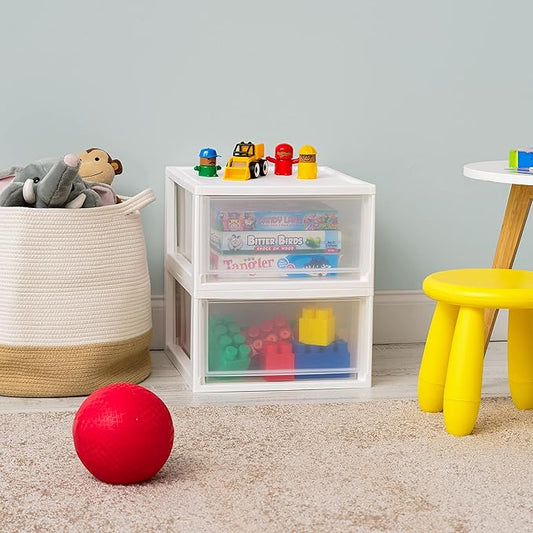 IRIS USA 30 Qt. Plastic Drawer Storage Organizer Stacking Drawers, 2-Pack, Stackable Unit with Sliding Drawer for Clothes Bedroom Kitchen Under Sink Pantry Craft Room Bathroom Dorm Office, White
