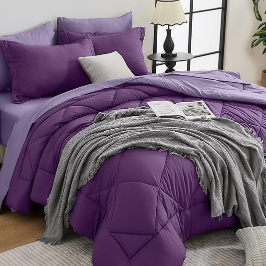 HEVUMYI Purple & Light Purple Twin Comforter Set - 5-Piece All Season Bed in a Bag Twin, Ultra Soft Bedding Set with Comforter, Flat Sheet, Fitted Sheet, Pillowcases, Pillow Shams