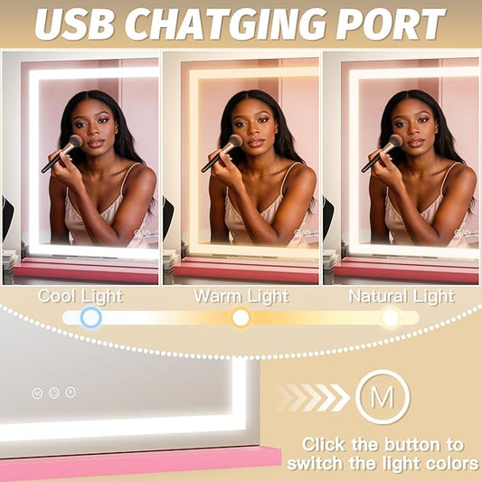FENNIO Vanity Mirror with Lights 23"x18", Lighted Makeup Mirror, Large Vanity Mirror, Touch Sensor with 3-Color Lighting, 10X Magnification and USB Charging Port for Vanity Desk(Square Pink)