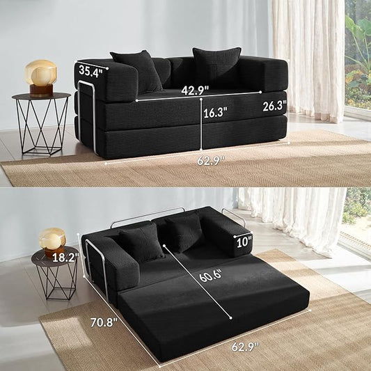 YINIX Foldable Sofa Bed, 62'' Folding Floor Couch, Compressed Convertable Sleeper Sofa, Memory Foam Couch with Pillow Back Support Armrest, 4-in-1 Futon Sofa Bed for Living Room, Black