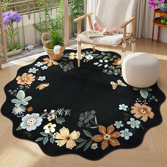 Lahome Floral Washable Round Rugs, Non-Slip Soft Round Rug 4ft Ultra-Thin, Small Boho Circle Carpet for Entryway Kitchen Bedroom Nursery Bathroom, Black/Grey