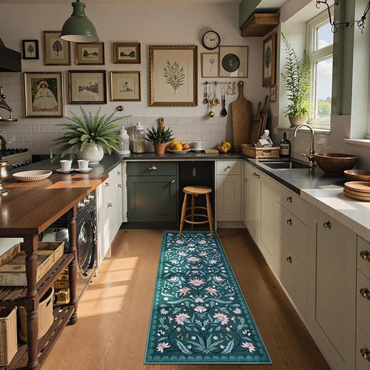 Lahome Boho Floral 2x6 Rug Runners for Hallways Non Slip, Dark Teal Kitchen Runner Rugs Non Skid Washable Bathroom Carpet Runner, Soft Non-Slip Runners for Entryway Laundry(Dark Teal,2x6)