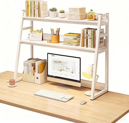 2-Tier Desktop Bookshelf, Wood Hutch Shelf Organizer, 29.9 x 12.6 x 35.4 inches, Study Room Storage Rack (White, 37 * 12 * 35in)