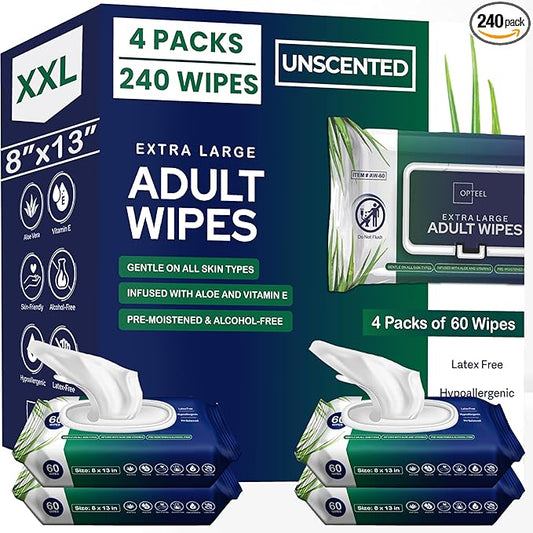Adult Wipes For Elderly - 8"x13" Extra Large & Soft Wet Wipes for Adults Bathing - Incontinence Disposable Washcloths, Vitamin E & Aloe Infused for Men & Women 240ct (4 Packs of 60)