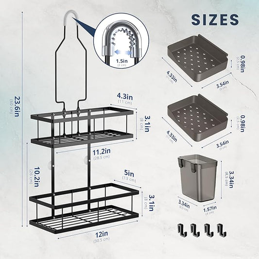 Sben Hanging Rustproof Shower Caddy with Soap Dishes and Toothbrush Holder – Space-Saving 5 Pack Bathroom Organizer, 4 Hooks for Easy Storage and Convenience (Black)