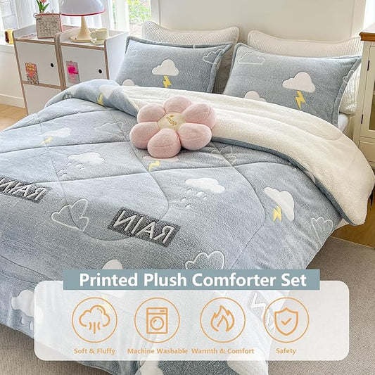 Fleece Comforter Set - 3 Piece Twin Size Thick Fluffy Comforters for Her Girls, Plush Cozy Warm, Soft Microfiber Bedding Bedroom Decor (1 Comforter + 2 Pillow Shams)