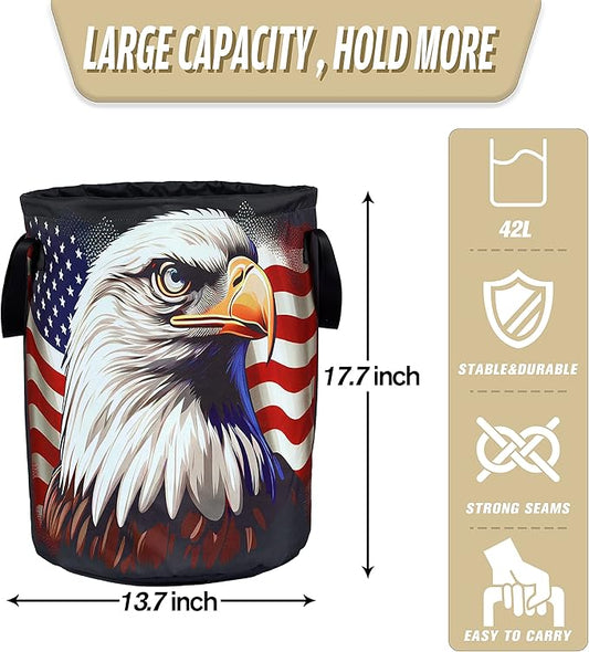 American Flag Eagle Laundry Basket Foldable Oxford Cloth Funny Tote Bag Laundry Hamper Clothes Storage Bucket Organizer For Bathroom/Laundry Storage/Bedroom Storage Basket 17.7x13.7 Inch