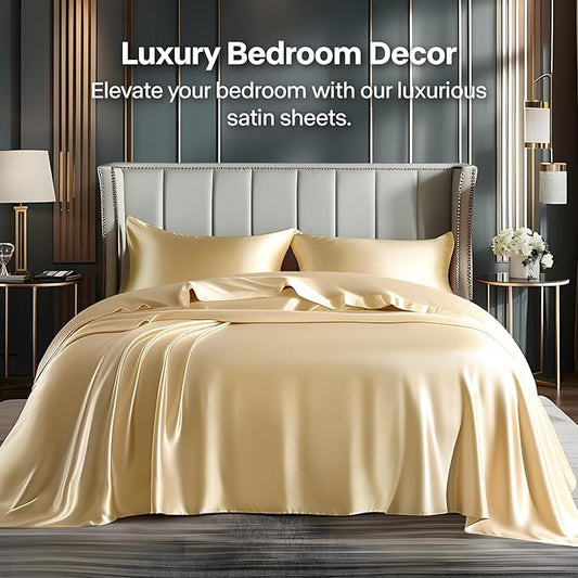 BEDELITE King Size Sheets Set, Luxury Soft Champagne Satin Sheets for Hair and Skin, Similar to Silk Bed Sheets Set 4 Pieces with 1 Deep Pocket Fitted Sheet, 1 Flat Sheet, and 2 Pillowcases