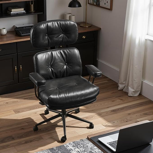 Ergonomic Office Chair Comfy with Lumbar Support, High Back Dark Brown PU Leather Rolling Executive Desk Chair for Home Office & Gaming, 360° Swivel, 300lbs (Black)