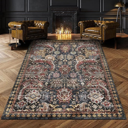 RUGSURE Washable Area Rugs - Perfect for Living Room, Bedroom, Kids Room, Nursery - Stain & Water Resistant Non-Slip, Pet & Child Friendly, Vintage Tribal Area Rugs (Rust, 5' x 7')