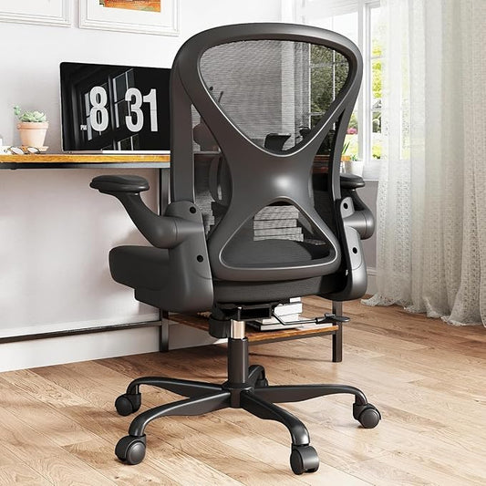 ZZH Mesh Office Chair with Adjustable Lumbar Support and Flip-up Arms, Ergonomic Home Office Desk Chair with Wheels, Black