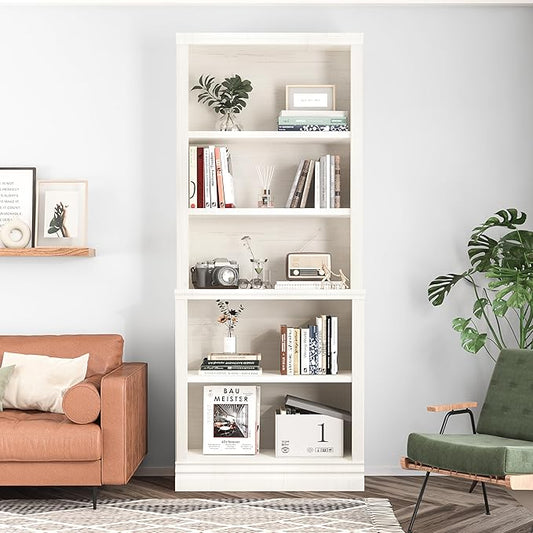 72 in Tall Bookcase, Cream White 31.3 in Wide Floor Standing Bookshelf, 5 Tier Large Floor Standing Display Storage Shelves with Adjustable Shelves for Living Room Hallway Home Office Bedroom