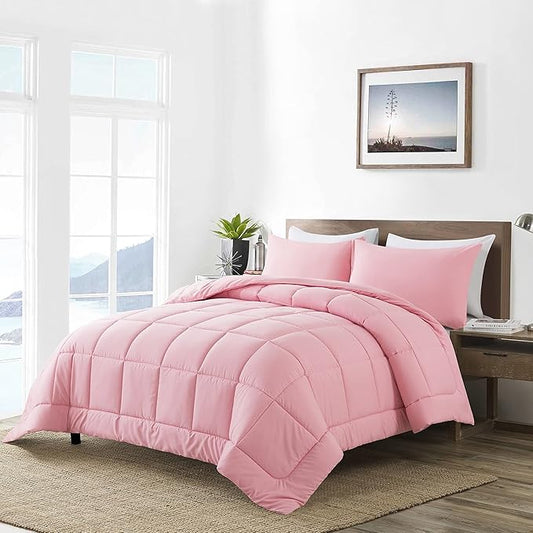 DOWNCOOL Full Size Comforter Sets -All Season Bedding Comforters Sets with 2 Pillow Cases -3 Pieces Bed Set Down Alternative Comforter Set -Pink Bedding Sets Full(82"x86")