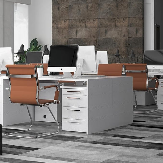 Office Desk Chair No Wheels Set of 4 PU Leather Computer Chairs Mid Back Guest Chairs for School Reception Conference Waiting Room, Cafe