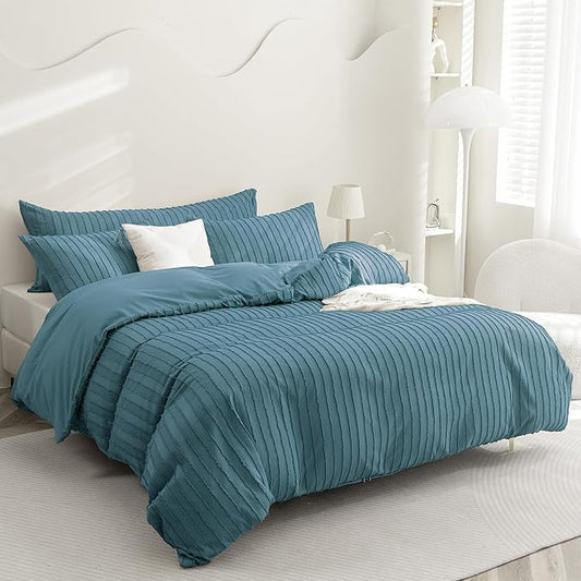 JELLYMONI Duvet Cover Full Size Grayish Blue - 3PCS Boho Striped Duvet Cover Set Polyester Tufted Bohemian Textured Comforter Cover 80×90in with Corner Ties & Zipper and 2 Pillowcases