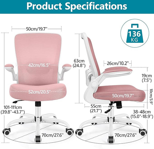 FelixKing Office Chair, Ergonomic Desk Chair Breathable Mesh Chairs Adjustable High Back Lumbar Support Flip-up Armrests, Executive Rolling Swivel Comfy Computer Chairs Home Office Rose Quartz