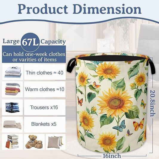 Vintage Sunflowers Laundry Hamper With Handle,Foldable Oxford Cloth Butterfly Flower FLaundry Basket,20.8"x16" Clothes Storage Basket for Laundry Room Bedroom Bathroom