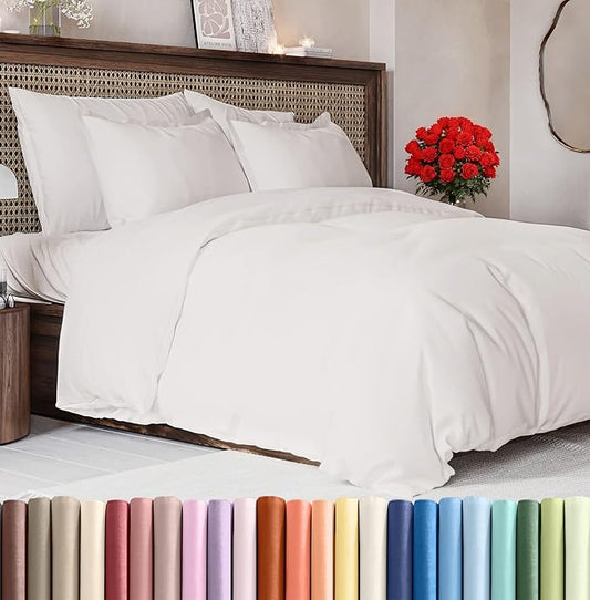 Duvet Cover Queen Size Set - Extra Soft Queen Size Duvet Cover 90 x 90 with 2 Pillow Shams - Hotel Luxury Easy Care & Fade Free w/Zipper Closures & Ties - Comfy Breathable Bedding Set (Antique White)