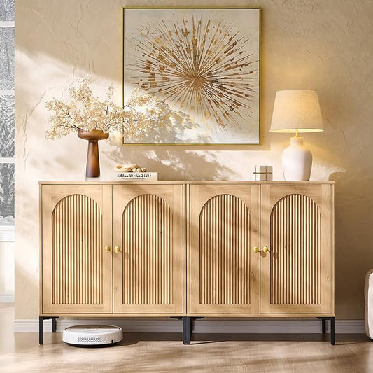 Bathroom Cabinet with Storage, 61.75" W Fluted Arched Free Standing Floor Cabinet w/Adjustable Shelves, Modern Sideboard Cabinet for Bathroom, Kitchen, Living Room, Entryway, Natural