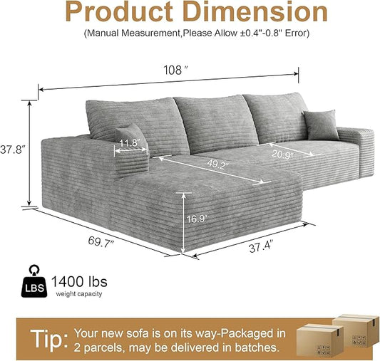 108" Sectional Couches for Living Room Modern Modular Sofa with L-Shape Couchs Upholstered Boneless Couch Deep Seat Sectional Couch with Chaise (Grey, Left Facing Chaise+2Seaters)
