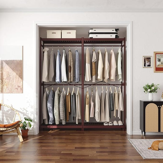 Homykic Bamboo Clothes Rack with Shelves and Double Hang Rods, Portable Closet System Garment Rack for Hanging Clothes, Tall Clothing Rack Corner Closet Organizer, Easy to Built, Espresso