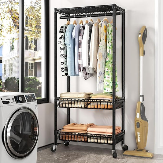 Heavy Duty Clothes Rack Rolling Garment Rack,Adjustable Wire Shelving Clothing Racks for Hanging Clothes with Hanger&Double Basket,Freestanding Metal Wardrobe Storage Portable Closet