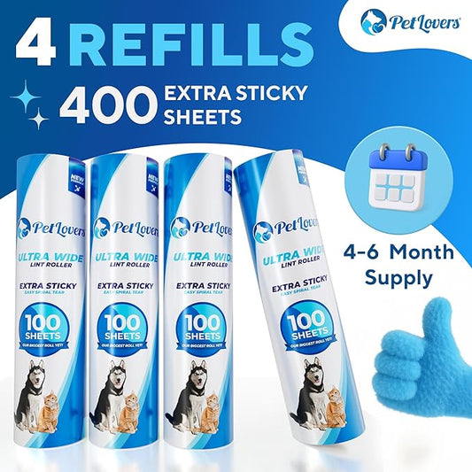 PetLovers Extra Sticky Floor Lint Roller 4 Pack of Refills Only - No Handles Included - 100 Sheets Per Refill 400 Sheets Total