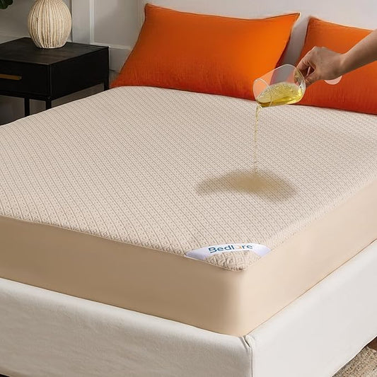 BEDLORE Queen Size Mattress Protector, Waterproof Noiseless Mattress Cover with Stretchable Pockets for 6-15 inches Mattress, Soft Breathable Mattress Pad for College Dorm (Beige)