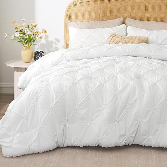 BEDELITE White Queen Comforter Set - 3 Pieces Boho Pintuck Bedding Comforter Sets, Lightweight Soft & Warm Bed Comforter Queen with 2 Pillowcases for All Season