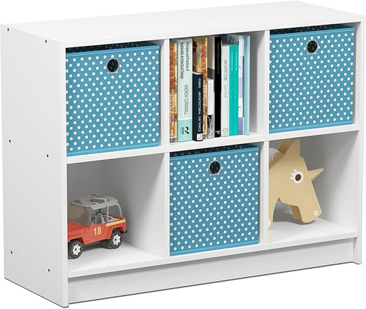 Furinno BASIC Book Shelf, 6-Cube Bookshelf, 3 x 2 Bookcase with Storage Bins, 11.9 x 31.6 x 23.6, for Living Room, Bedroom, Home Office, White/Light Blue